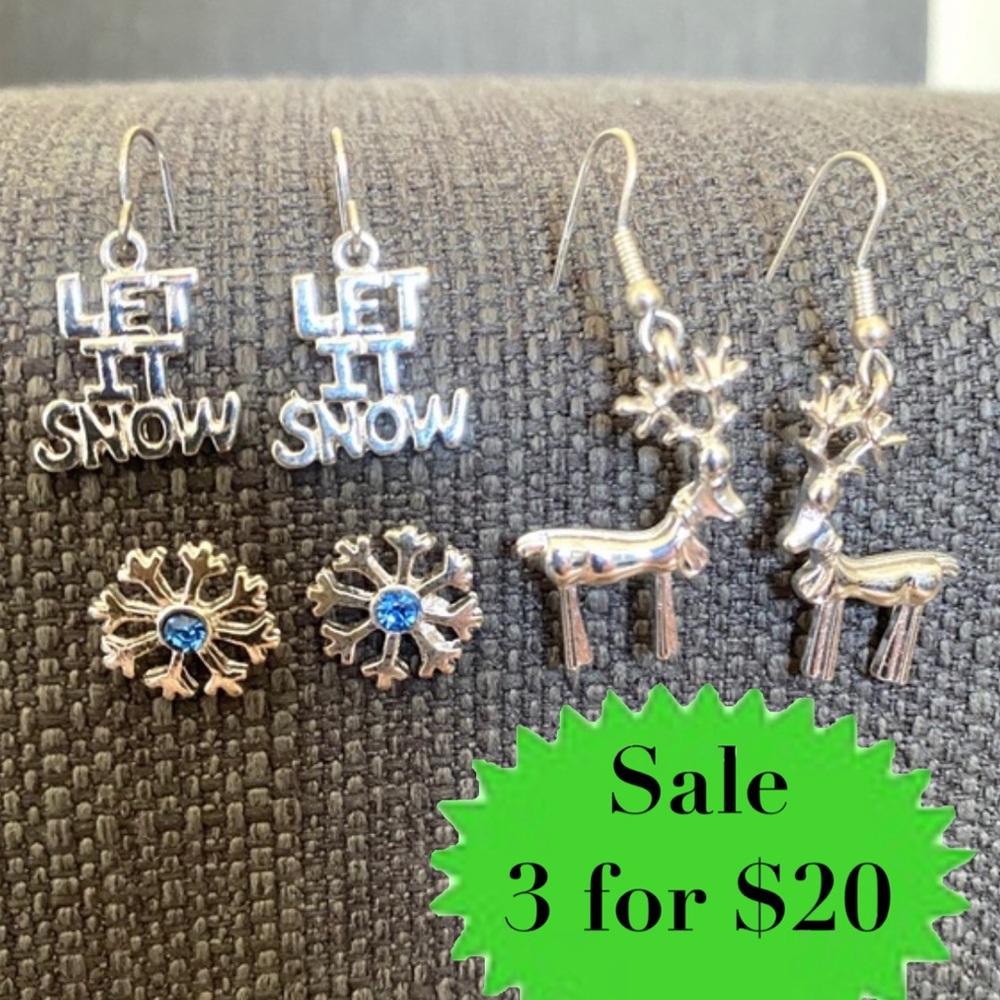Set of 3 holiday earrings bundle snowflake reindeer silver dangle Xmas Christmas